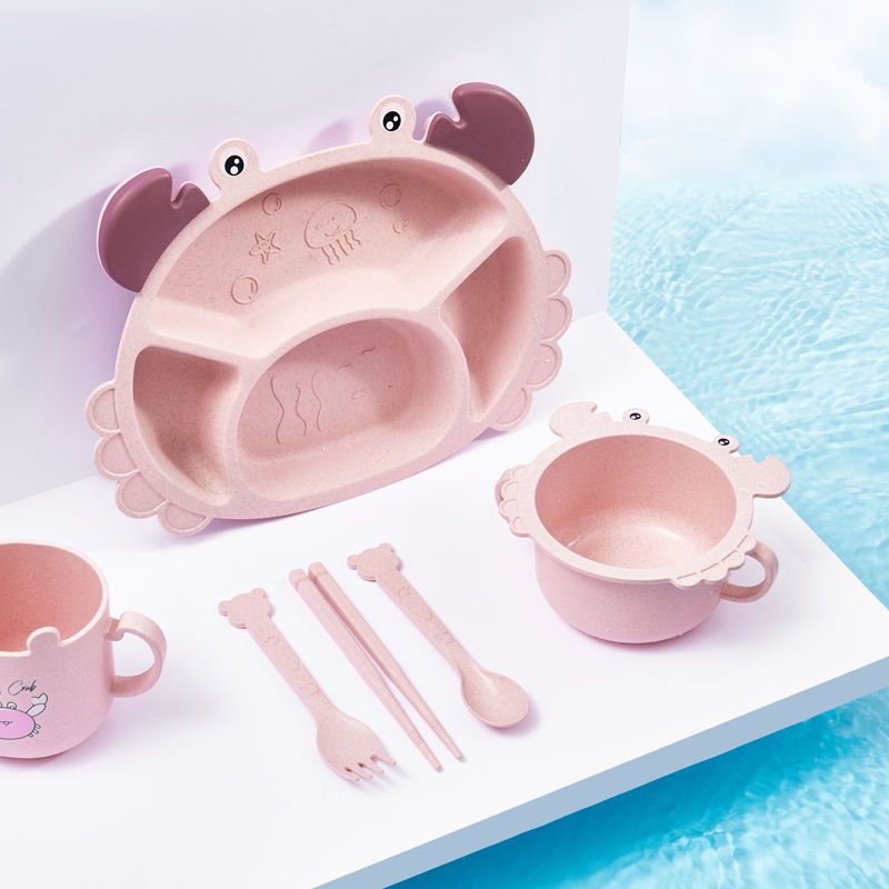 Baby Food Utensils Set - 4/6 個カニ子供用プレート、クリエイティブベビー食器、落下防止離乳食分割プレート、小麦わら分割ボウル