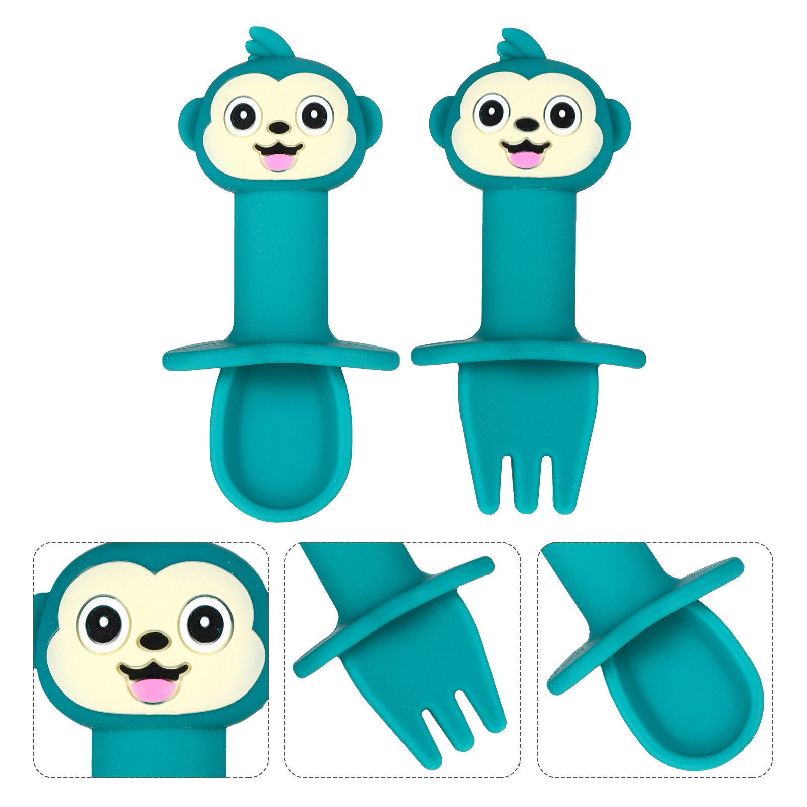 Baby Food Utensils Set - シリコン製ベビー用スプーンとフォークの2点セット。食品グレードの素材を使用し、先端が丸くなっているため、離乳食の練習に最適。