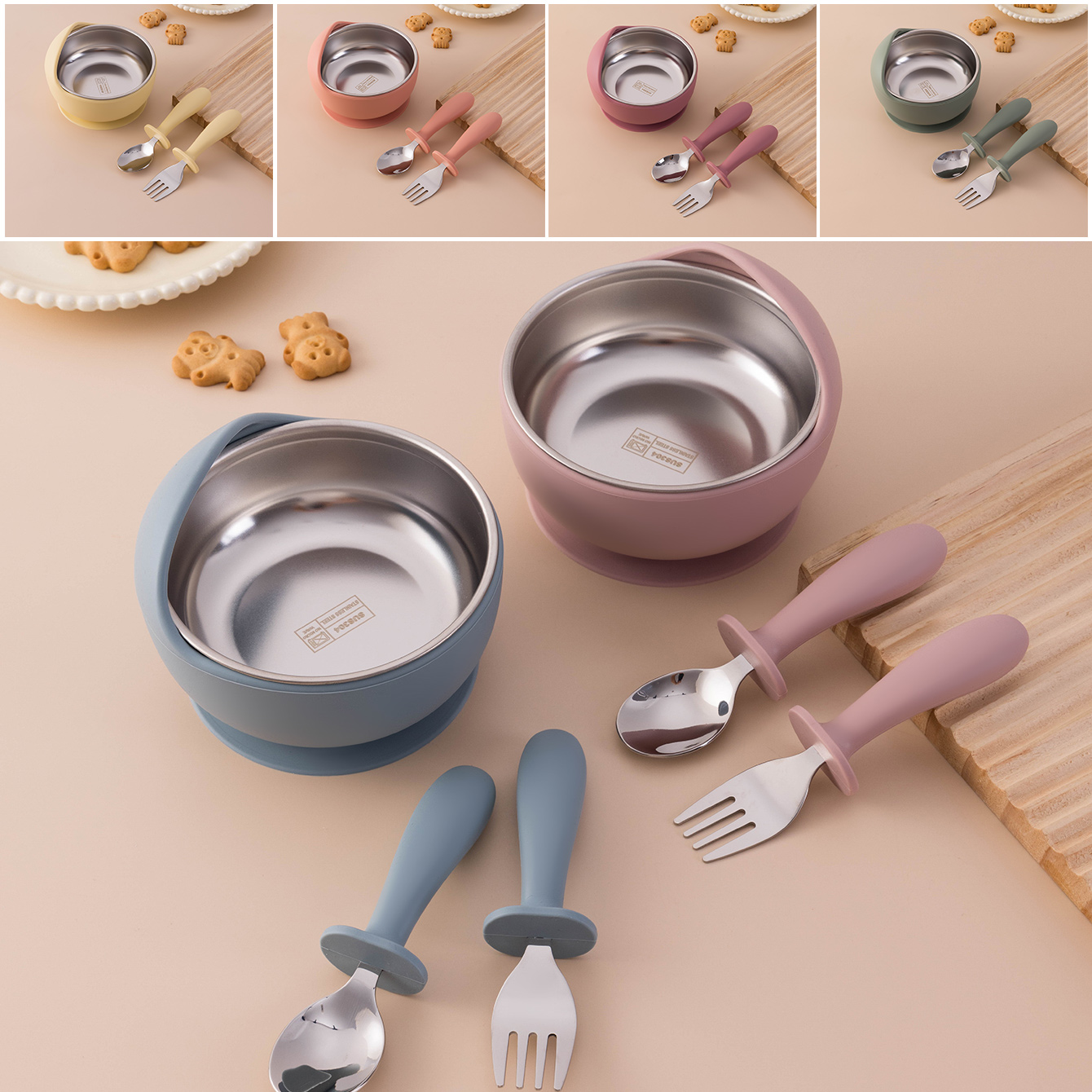 Baby Food Utensils Set - カラーキッズ 3 個ステンレス鋼シリコーン給餌セット取り外し可能な吸引ボウル自己給餌器具 BPA フリートレーニングフォークスプーン