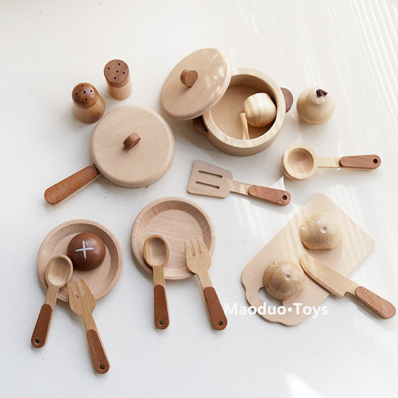 Baby Food Utensils - マオドゥオ おもちゃ ブナ材製 キッズキッチン プレイセット 調理器具