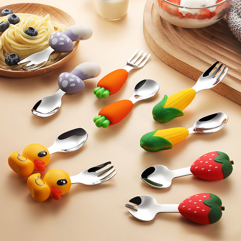 Baby Food Kit - 304 ステンレス鋼の子供用食器、赤ちゃんが食べ方を学ぶ、火傷や転倒を防ぐ練習用補助食品スプーン