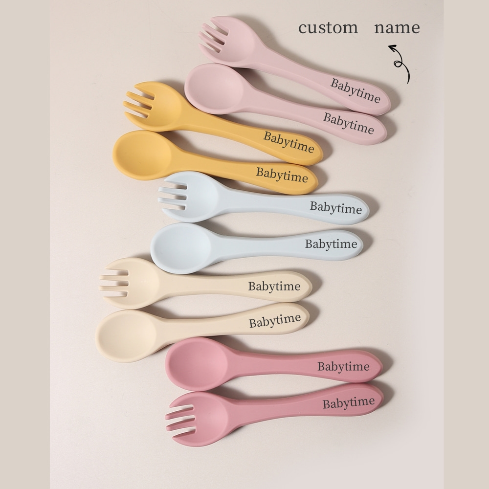 Baby Food Utensils - カスタムネーム入りシリコン製スプーンとフォーク1組、食品グレードシリコン製ベビー用食器