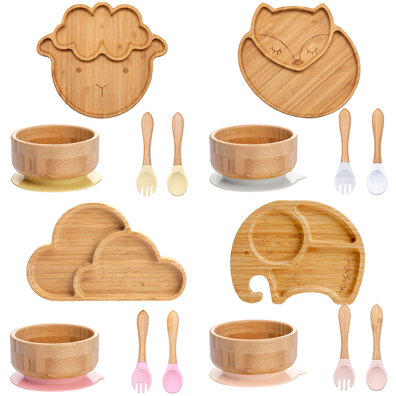 Baby Food Kit - 子供と赤ちゃんのための竹プレートとカトラリー,食事と調理用のフォークとスプーン,4個