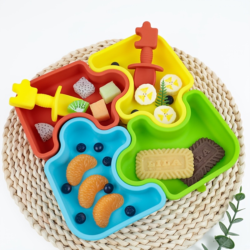 Baby Food Utensils Set - 6個/セット ベビーシリコン製食器セットには、スプーン1本、フォーク1本、吸収性高温耐性プレート4枚が含まれています。