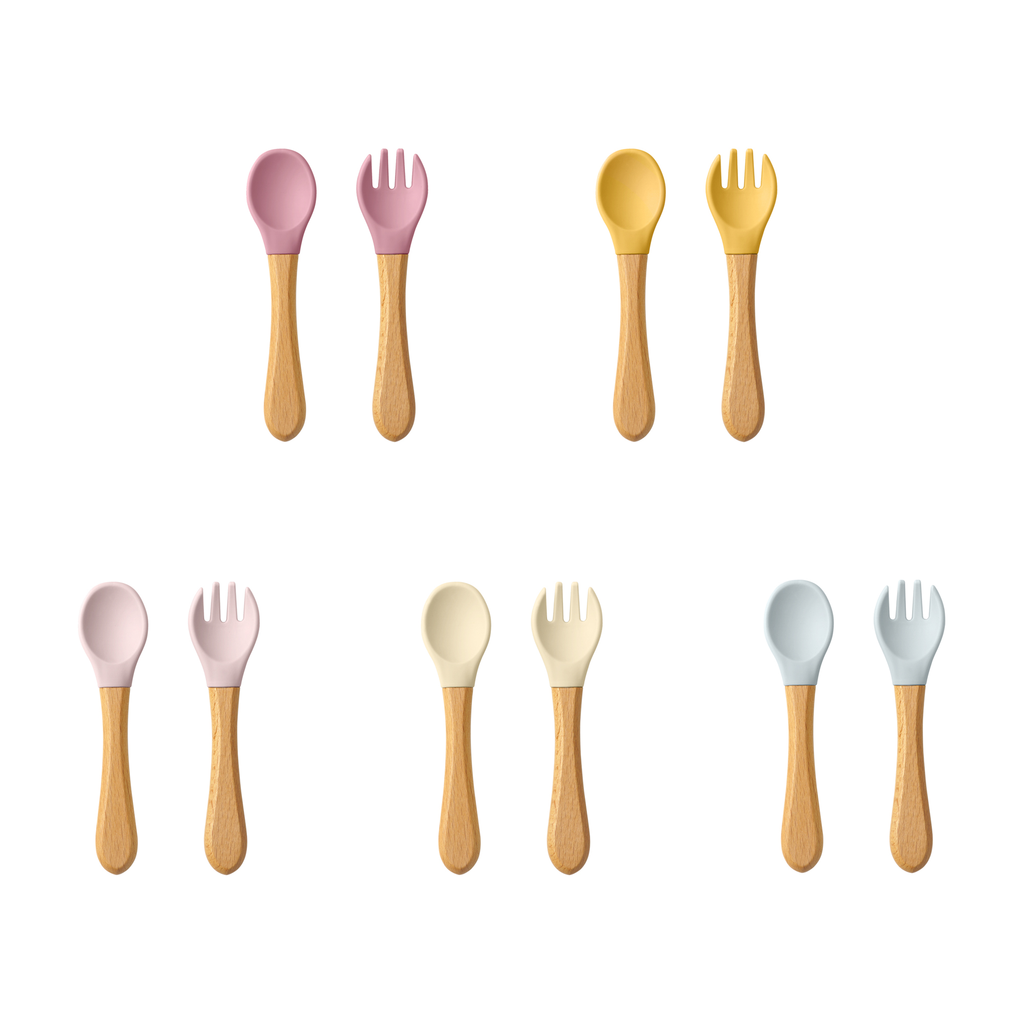 Baby Food Utensils Set - 2 個ベビー学習スプーン食器セット食品グレードの木製ハンドルシリコーンスプーンフォークカトラリートレーニングスプーン給餌食器