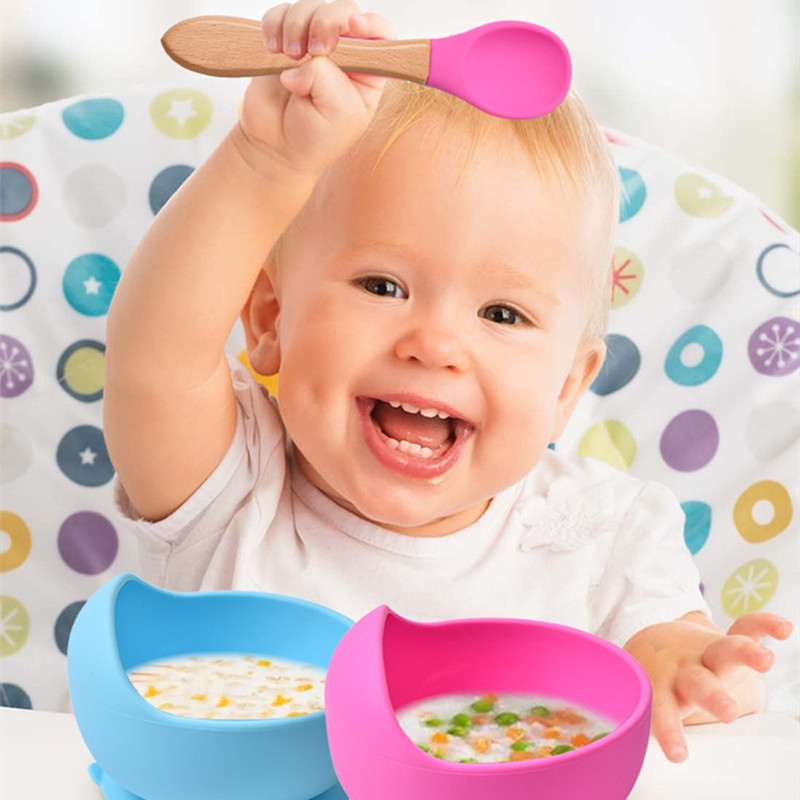 2 ピース/セットベビーシリコーンスプーンフォーク木製ハンド - Baby Food Utensils Set のレビューと価格
