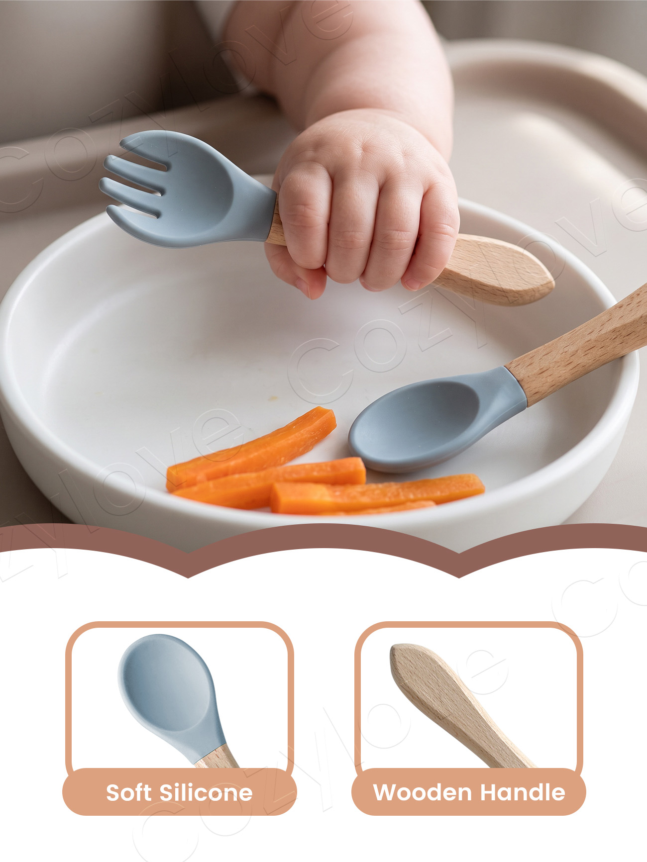 ベビーシリコンフォークスプーンセット、天然木製ハンドル付き幼 - Baby Food Utensils Set のレビューと価格