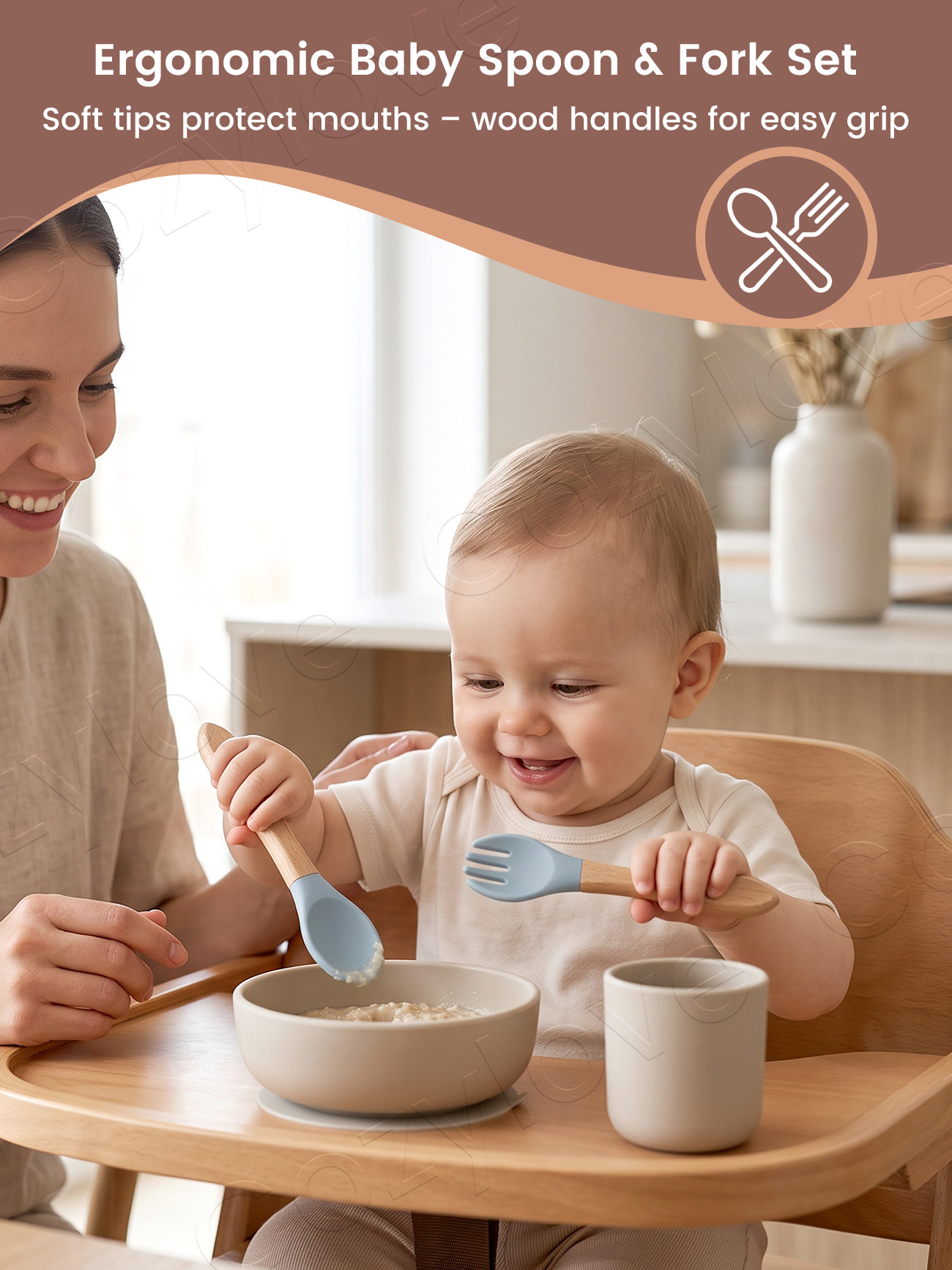 ベビーシリコンフォークスプーンセット、天然木製ハンドル付き幼 - Baby Food Utensils Set のレビューと価格